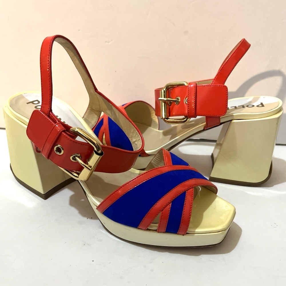 POLLINI Colorblock All Leather Platform Heels Buckled Strap Sandals 38